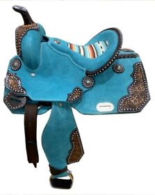 698413 13inch Double T Rough Out Barrel Style Horse Saddle With Southwest Printed Inlay