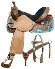551-15 Double Tt Metallic Teal Cross Barrel Racing Tooled Saddle Bridle