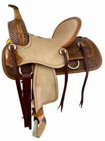 538912 Hard Seat Roping Style Horse Saddle With Basket Weave Tooling 12inch