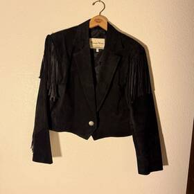 20342 Pioneer Wear Womens Black Leather Fringe Lined Button Jacket Xl Mpn