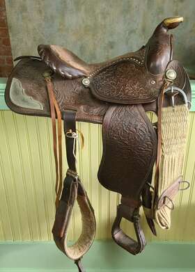 5554 Simco Vintage Tooled Leather Western Saddle With Silvered Mounts 15 Inch Seat #5554