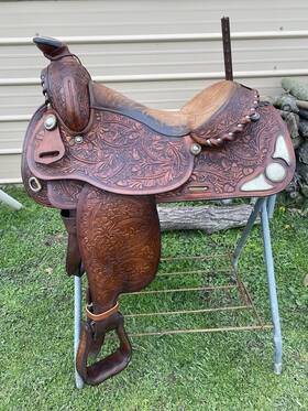 980-16369 Tex Tan 10961 Used/vintage 16 Inch Textan Hereford Tooled Western Show Saddle With Silver Semi Bars