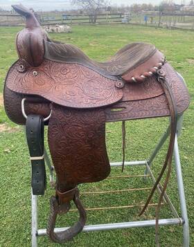 1280-17215 Tex Tan Used/vintage 15.5 Inch Tooled Equitation Seat Textan Western Saddle Semi Bars