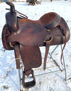 45-34763 Tex Tan 1333i Used 16 Inch Textan Western Roping Saddle Spot Tooled Leather Semi Bars Vgc
