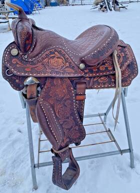 464-65257 Tex Tan Unique Used/vintage 15 Inch Textan Tooled/buckstitched Western Saddle With Fender Rolls
