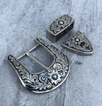 Western 3-PIECE Belt Buckle Set Floral Engraved Silver Bronze Cowboy Rodeo Style. Fixed Price $17.99.