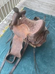Vintage Antique Big Horn Leather Horse Saddle P1103. Fixed Price $250.00.