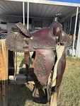 Bill Farrow Roping Saddle Brown Leather Traditional 15 Tooled Floral Pattern. Fixed Price $900.00.