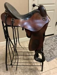 Steele Mountaineer Leather Horse Riding Saddle, Used Great Condition W/ Rack. Fixed Price $1800.00.