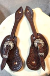 New Handmade Tooled Leather Western Spur Straps Engraved Silver Buckles & Keeper. Fixed Price $85.00.