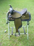 15" Green Abetta Western Horse Saddle With Square Skirt. Fixed Price $310.00.