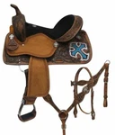 Double Barrel Style Horse Saddle Set With Metallic Cross. SIZE:14", 15", 16". Fixed Price $390.00.