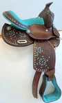 Western Mini Pony Barrel Saddle 10" 12"- Teal/ Pink Suede Seats Painted Tooled. Fixed Price $248.00.