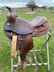 Used/vintage 15" Round Skirt Brown Leather Western Saddle Made. Fixed Price $100.00.