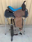 Western Two Tone Leather Hand Carved Ranch Roper Saddle With Blue Seat. Fixed Price $899.99.