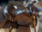 Vtg. Circle Western Show Saddle Fully Tooled Model 1800 Sweet Home Texas 14". Fixed Price $399.00.