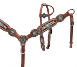 Teal/ Brown Beaded Pony Western Breast Collar/headstall/rein Set W/cross Conchos. Fixed Price $85.00.