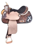 13" Double Barrel Style Horse Saddle With Hand Painted Cross Design. Fixed Price $285.00.