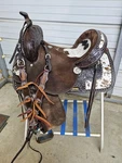 Used 14" Brown Color Double Barrel Saddle W/tooling & Cowhide Print W/b Collar. Fixed Price $399.99.