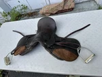 Vintage English Jumping Horse Leather Saddle With Korsteel Metalab Stirrups. Fixed Price $150.00.
