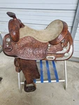 Used Older 16" Long Horn Brown Leather Reining Saddle With Some Tooling. Fixed Price $699.99.