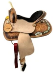 Circle Barrel Style Horse Saddle With Feather Concho Design 14", 15", 16". Fixed Price $405.00.
