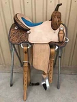 Western Two Tone Leather Hand Carved Ranch Roper Saddle With Blue Seat. Fixed Price $899.99.