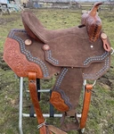 16" Tough Suede/blue Buckstitched Western Barrel Saddle W/tooled Accents. Fixed Price $369.00.
