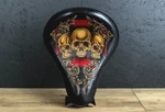 Black Leather Motorcycle Solo Seat Three Skulls Handmade Chopper Bobber Saddle. Fixed Price $350.00.