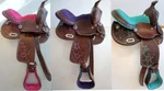Western Mini Pony Barrel Saddle 10" 12"- Teal/ Pink Suede Seats Painted Tooled. Fixed Price $248.00.