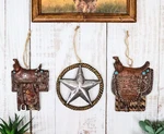 Set Of 3 Rustic Western Star Ropes Circle Tooled Leather Horse Saddles Ornaments. Fixed Price $23.99.