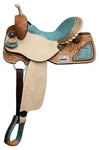 16" Leather Barrel Racing Racer Show Saddle Teal Turquoise Blue Filigree Seat. Fixed Price $525.00.