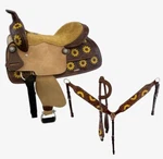 Double Barrel Style Saddle With Hand Painted Sunflower Design Size 15" / 16". Fixed Price $370.00.