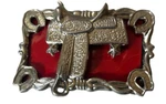 Vtg Saddle Belt Buckle Red And Silver Rodeo Western Design Pat Pending. Fixed Price $25.00.