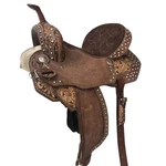 Hand-tooled Brown Barrel Horse Western Saddle Floral Carving Silver Stud Accents. Fixed Price $474.99.