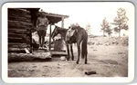 Vtg B&w Snapshot Man Cliff Log Cabin Horse Saddle Denver Colorado Western 1933. Fixed Price $7.99.