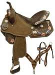 New! 15" 16" Barrel Style Saddle Set With Red, White And Blue Painted Feathers. Fixed Price $297.30.