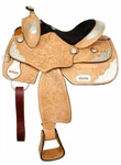 Fully Tooled Light Leather Show Saddle With Silver Cantle And Corner Plates. Fixed Price $474.95.