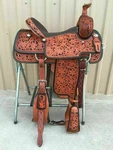 Equestrian Western Dual Tone Leather Hand Carved Roper Ranch Saddle. Fixed Price $450.00.