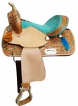 13" Double Youth Saddle With Turquoise Seat And Painted Feather Accents!. Fixed Price $284.95.