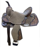 14", 15" Double Rough Out Barrel Style Horse Saddle With Aztec Printed Inlay. Fixed Price $360.00.