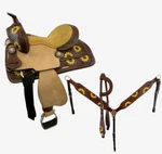 Double Barrel Style Horse Saddle With Hand Painted Sunflower Design 12". Fixed Price $370.00.