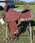 16" Circle Dark Brown Roughout Western Barrel Saddle W/turquoise Accents. Fixed Price $389.00.