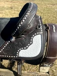 Bob Marshall Treeless Custom Hand Tooled Trail Saddle 16.5 Inch. Fixed Price $4200.00.