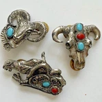 Lot Of 3 Vtg Silver Tone Metal Southwestern Cowboy Hat Saddle Steer Lapel Pins. Fixed Price $25.00.