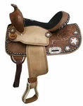 13" Double Barrel Style Saddle With Star Skirt And Black Suede Seat!. Fixed Price $284.95.