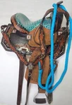 12" Pony Dark W/teal Gator Western Barrel Show Trail Youth Saddle 4PC- Hsbp. Fixed Price $298.00.