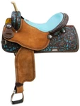 Showman Leather Barrel Saddle With Teal Painted Tooling. Fixed Price $475.00.