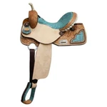 Barrel Saddle Teal Filigree Print Seat Light Leather Copper Conchos Fqhb. Fixed Price $428.95.
