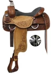 New! 17" Double Roper Style Saddle W/ Cross & Gun Conchos Floral Tooled Skirts. Fixed Price $640.00.